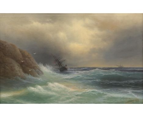 Indistinctly signed seascape. Large oil on canvas, signed lower right. 58 x 85cm. Framed. 