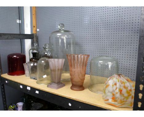 Collection of glassware, to include large glass dome/bell jar, h48cm, Art Deco style vase, h20cm, Art Deco mottled glass lamp