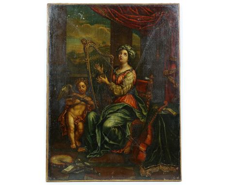 AMENDED DESCRIPTION European school, portrait of a Renaissance lady playing a harp. Overpainted print. Image size 50 x 38cm.C