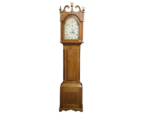 18th century oak longcase clock with eight day twin train movement, marquetry and parquetry decoration, with painted dial, Ar