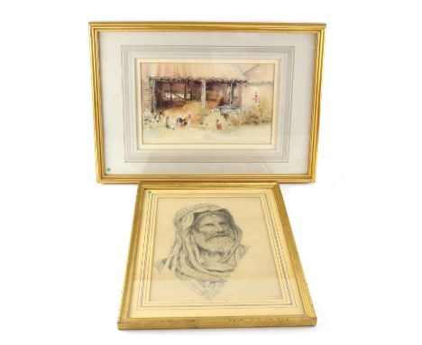 Ian Armour Chelu, watercolour of chickens in a farmyard scene, 20cm x 32cm, together with a portrait of a Middle Eastern gent