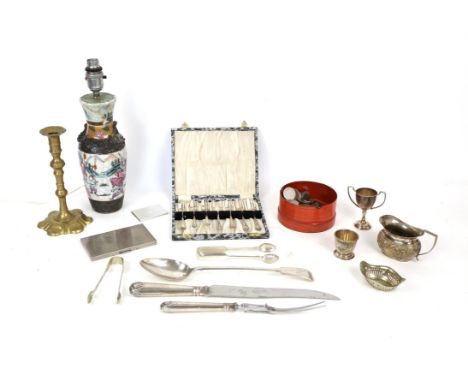 Cased set of masonic cake forks and a quantity of other plated items, a porcelain lamp and a tub of coins