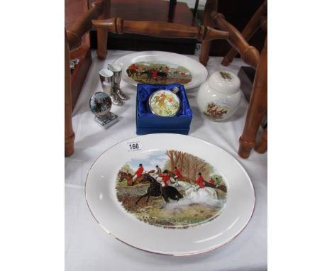 A Hunting hip flask, a ginger jar, silver plate riding boots, hunting desk calendar and 2 plates.