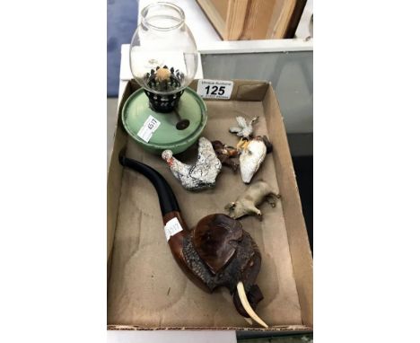 A mixed lot including miniature oil lamp, carved elephant pipe, farm animals etc.,