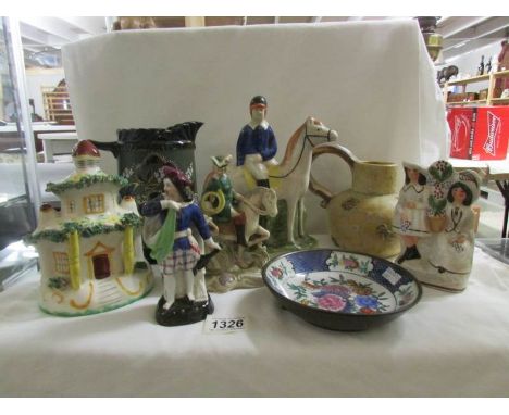 6 old ceramic items including Staffordshire Flatback, Grafenthal figure, Bourne Denby jug, porcelain bowl in brass frame etc.