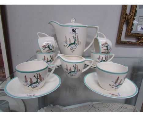 14 pieces of Crown Devon 'Greenland' pattern tea ware including cups, saucers, small jug and teapot.