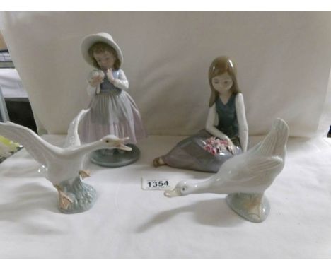 A Lladro figure of a girl with flowers, a Lladro goose, a NAO figure of a girl with a posy and a NAO goose.