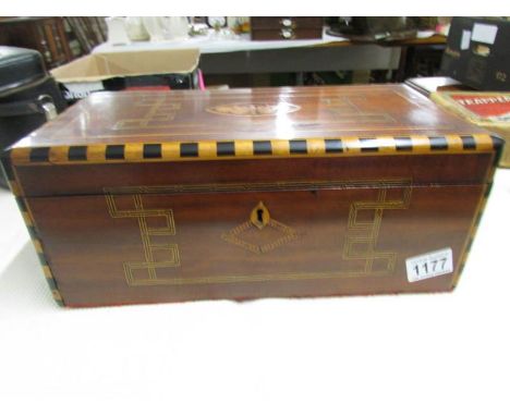 A mahogany inlaid jewellery box, (no interior fittings).