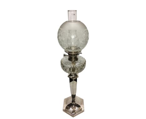 A silver plated oil lamp with glass font and acid etched glass shade. Base marked 'F. Barraclough & Sons, Leeds