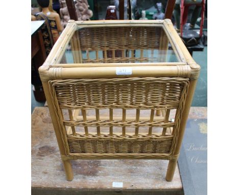 A bamboo &amp; rattan square formed lamp table, with glass panelled top, and magazine undertier