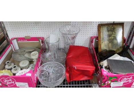 A shelf full of useful domestic items, to include hallmarked silver frame, and oversized glassware