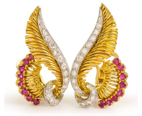 A pair of 18ct gold, ruby and diamond earrings by kutchinsky hallmarked 750 London 1960, rubies Est. 0.65ct, Dia. Est. 0.60ct