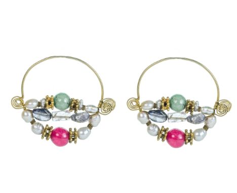 A pair of pearl ruby an gold earrings, length, 4cm, Wt. 14.7g. 