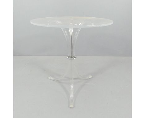 A 1970s' lucite tripod side table, in the manner of Charles Hollis, 67x69cm.Some scratches to the top, including some to the 