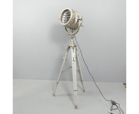 A chrome spotlight floor lamp on adjustable tripod base. Height as pictured 153cm. 