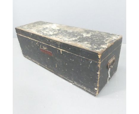 An early 20th century stained pine toolbox, plaque on front for A.E Watson. 92x32x34cm. 