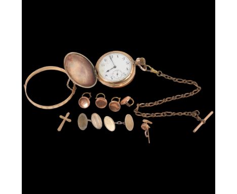 A group of jewellery, including a 9ct gold and metal core bangle, a gold plated full hunter top-wind pocket watch, a pair of 