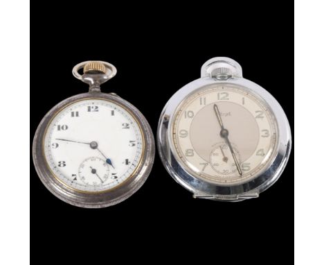 A Vintage Ingersoll top-wind pocket watch, with integrated stand, and a chrome-cased top-wind pocket watch (2) 