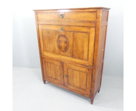 An antique French mahogany Escritoire, with single drawer above a fall front with cupboards under. 116x148x43cm.Missing inter