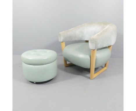 MANNER OF JEAN ROYERE - A green leather and velvet upholstered oak framed lounge chair on sled base, and a similar green butt