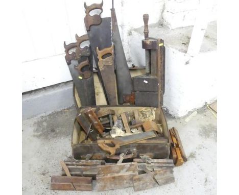 A quantity of antique and vintage hand tools, including saws, box planes etc. Some marked. Manufacturers include R. Groves & 