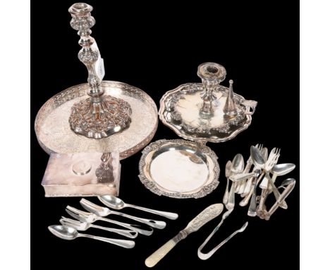 A Victorian silver plate and copper single candlestick, a silver plate on copper chamber stick, serving trays, salvers, box, 