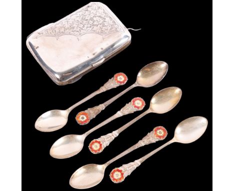 An engraved silver cigarette case, and set of 6 silver and red enamel coffee spoons with Yorkshire Rose finials 