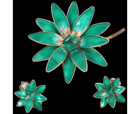 A Norwegian silver-gilt and green enamel floral brooch, with matching pair of clip-on earrings 