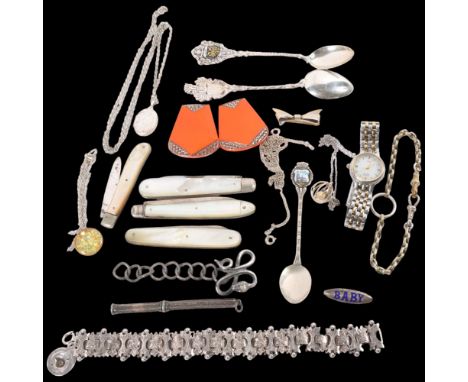 A group of various silver and other items, including collector's spoons, pair of Vintage earrings, silver-bladed and mother-o