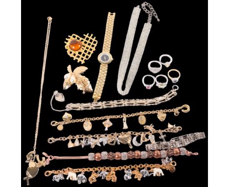 A group of mixed costume jewellery, including a sterling silver bracelet, lady's Rotary wristwatch, floral brooches, charm br