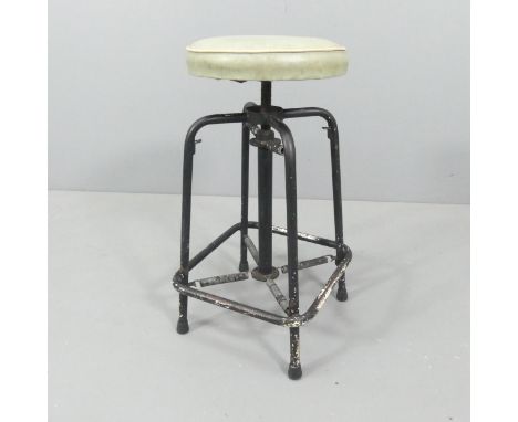 A vintage industrial sprung metal stool, with faux-leather upholstered seat. Height 64cm. 