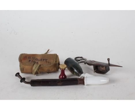 Works of art, to include a German smoking pipe, pair of plated candle snuffers, early 20th Century sewing travel kit, seal, a