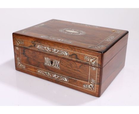 Victorian rosewood and mother of pearl inlaid sewing box, the rectangular box with foliate swag inlays opening to reveal mirr