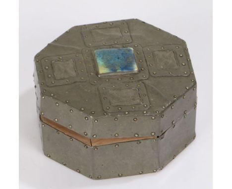 Arts and Crafts style pewter and enamel box, of octagonal form, the hinged lid centred with a square coloured enamel panel an