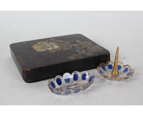 Bohemia style blue, gilt and clear glass dressing table pin tray and ring dish, Japanese lacquer box and cover with foliate d