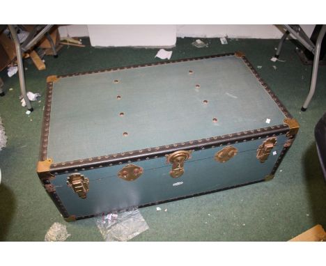 Early 20th Century Mossman leather and brass bound travel trunk, in blue, marked with a name, 90cm wide&nbsp;