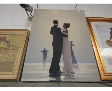 A canvas print of a couple dancing and one other of a lady on a beach, gilt framed and glazed
