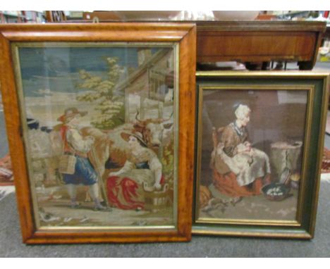 A large birds eye maple framed tapestry picture, 70cm x 57.5cm and one other tapestry (2)