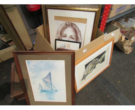 A quantity of pictures and prints including one of a sailing vessel after A.N. Blackman, 1985. Also a reproduction map of Ken