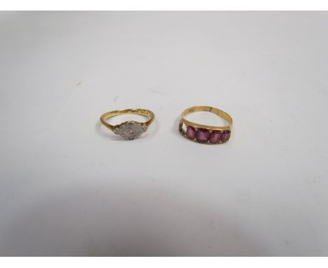 An 18ct gold platinum diamond ring (bent) and a 15ct gold amethyst set ring (stone missing), 4.2g