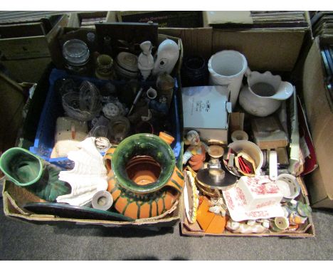 Three boxes of assorted ceramic ornaments, dinner wares, etc