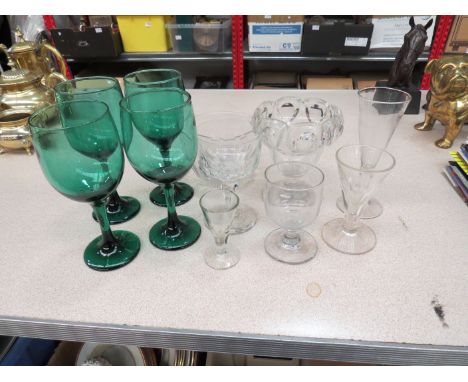 A collection of glass to include four green wine glasses, a cut glass sweet meat dish, etc  