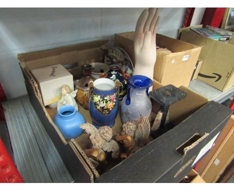 A box containing gilt cherubs, vase, ceramic hand and arm, pottery, etc