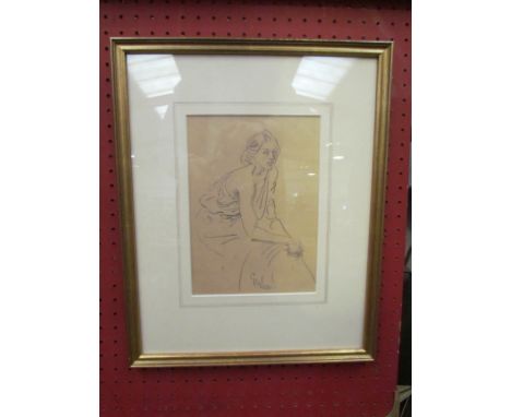 A pencil sketch of a seated lady.  Indistinctly signed lower centre.  Framed and glazed.  22cm x 16cm