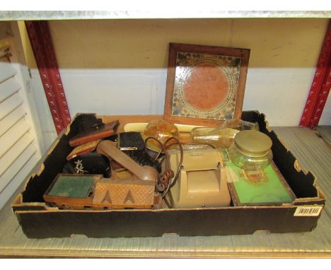 A mixed box containing treen and other items; wooden house boat, carved page turner, Art Deco picture frame and an oil lamp e