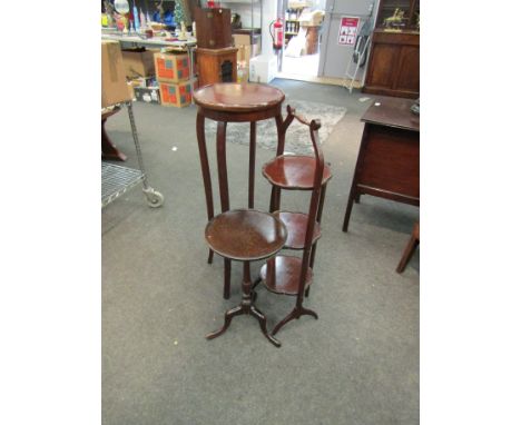 An Edwardian mahogany jardiniere stand, a wine table and a folding cake stand (3)