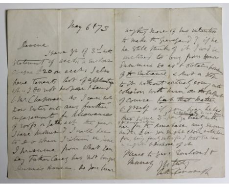 Co. Carlow Interest: Mc Murrogh Kavanagh (Arthur) A manuscript Letter addressed to his land agent "Devine" stating he is encl