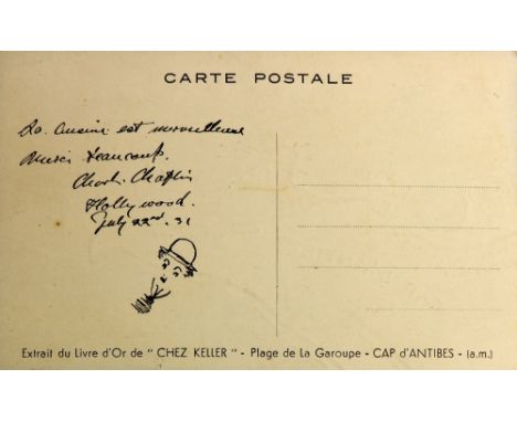 Original Sketch by Charlie Chaplin, SignedChaplin (Charlie) An original pictorial advertising postcard for the restaurant 'Ch
