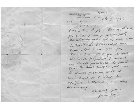 'Goes Just as Well if Read Backwards'Joyce (James) Autograph Letter Signed to 'Dear Mr [Thomas] Pugh,' 1pp, on paper of Carlt