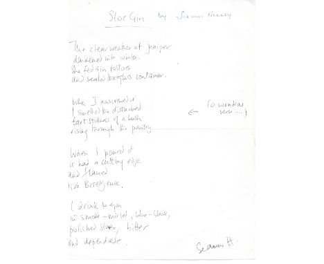 Heaney (Seamus) Sloe Gin, Holograph copy of his poem, four verses, in black ink on a sheet of light paper, Signed at bottom '